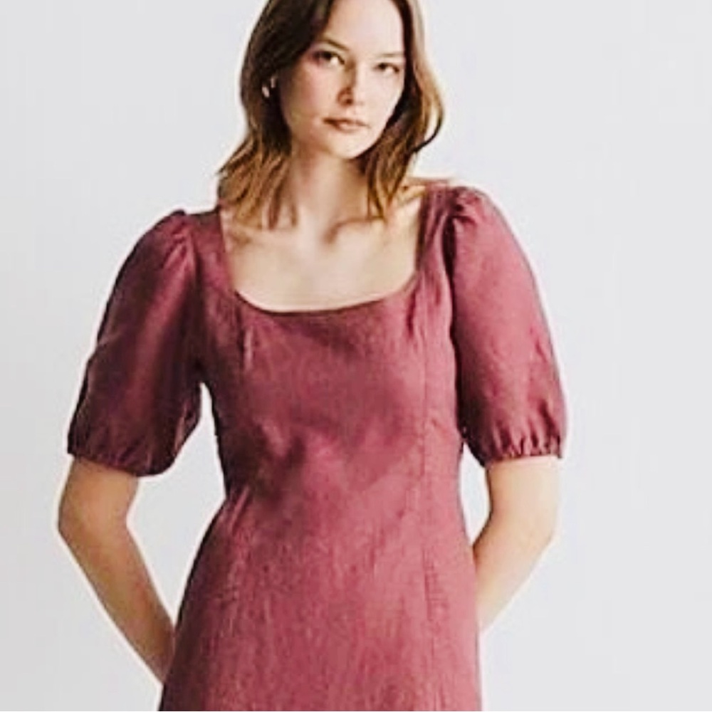 Madewell womens 100% linen Maisie fitted Mini Dress Size 4 puff sleeve Mauve
